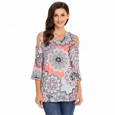 

Cold Shoulder Cross Long Sleeve Bohemian Print Shirt Top