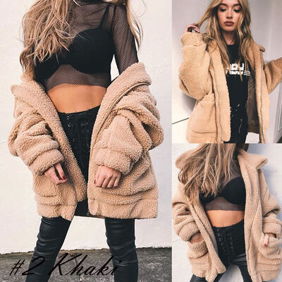 

US Womens Winter Teddy Bear Pocket Fluffy Coat Fleece Fur Jacket Outerwear