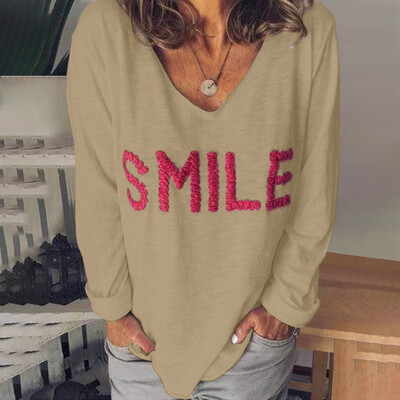 

New Tshirt Smile Letter Embroidery Print Long Sleeve V Neck Pullover Loose Blouse Women Casual Tshirt Tops