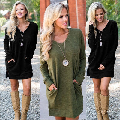 

New Women Cotton Long Sleeve Party Dress Evening Cocktail Casual Tops Mini Dress