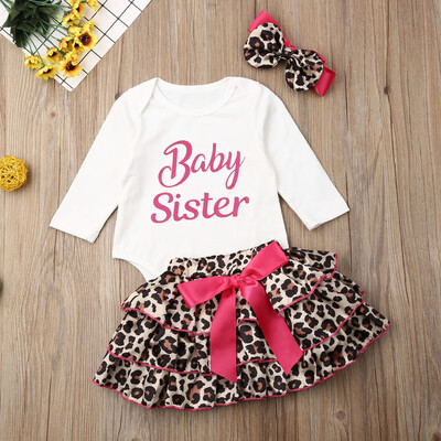 

3pcs Newborn Baby Girl Outfits Clothes Long Sleeve Romper Leopard Skirt Headband