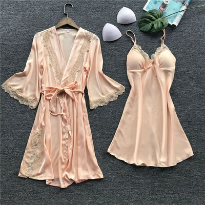 

3PCS Womens Silk Satin Nightie Gown Lingerie Sleepwear Pyjamas Set Robe Pants