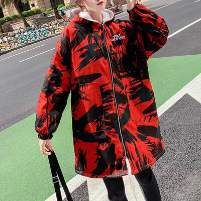 

Toponeto Women Fashion Loose Outerwear Print Cotton-padded Jackets Pocket Hooded Coats