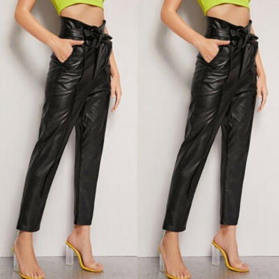 

Sexy Womens High-Waist PU Leather Pencil Pants Skinny Leggings Stretchy Push Up Bow Tie Belt Pocket Trouser Black