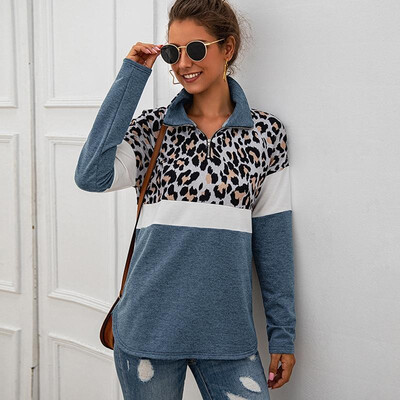 

Women Loose Sweatshirt Zipper Turtleneck Leopard Splicing Long Sleeves Autumn Spring Pullovers Casual Tops Outwear