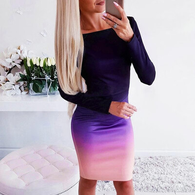 

Fashion Women Long Sleeves Bodycon Dress Ombre O Neck Sheath Autumn Spring Casual Mini Dress Black