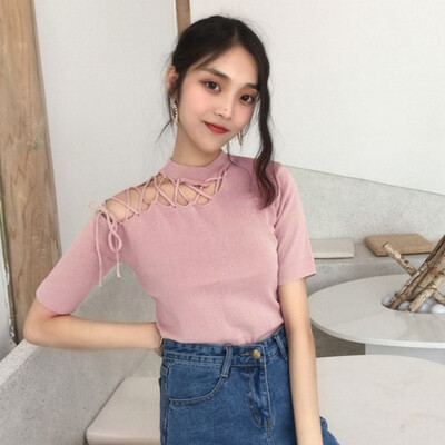 

Women V Neck Hollow Out Tops Shirt Short Sleeve Studded T Shirts Casual Blouse