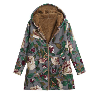 

Women Floral Print Hooded Warm Hoodies Coat Casual Autumn Winter Thicken Jackets