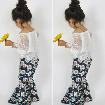 

Princess Toddler Baby Girl Clothes Lace TopsSunflower Flared Pants Outfits Set