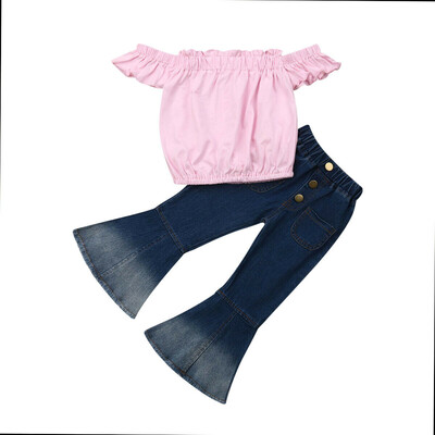 Toddler Kids Baby Girls Off Shoulder Tops Denim Pants Jeans Outfits Clothes Set