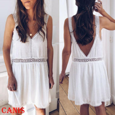 

Womens Dress Sleeveless Loose Backless V-Neck Summer Beach Dress Sundress