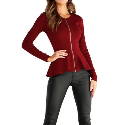 

Solid Color Long Sleeve Tops Round Neck Coats Women Ruffled Tunic Outwear
