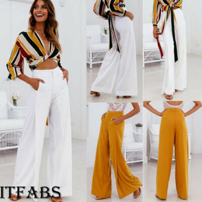 

Womens Office Loose Stretch High Waist Wide Leg Long Pants Palazzo Trousers USA