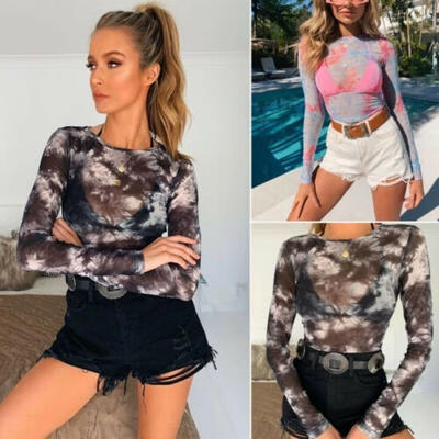 

Women Hollow Mesh T-Shirt Long Sleeve Tee Tops Transparent Blouse Clubwear