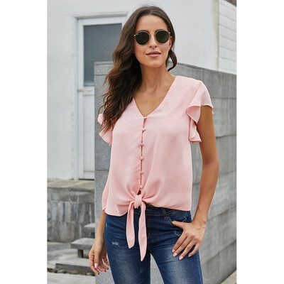 

Womens solid color shirt V-neck short-sleeved knotted top