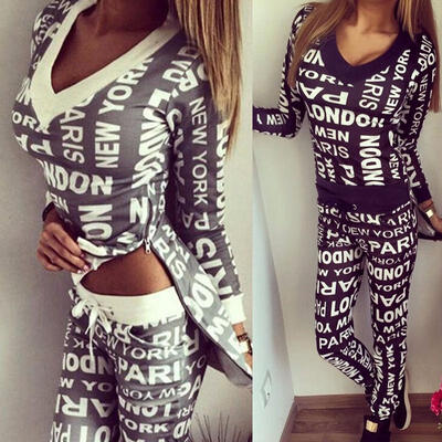 

Women 2Pcs Letter Print Tracksuit Hoodie Sweatshirt CoatPants Casual Sport Suit