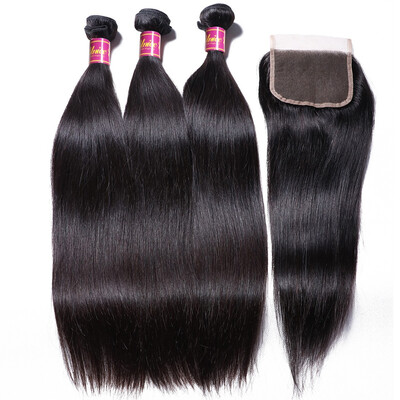 

UNice Human Hair 8A Indian Straight Hair 3 Bundles with Lace Closure 44 Free Part