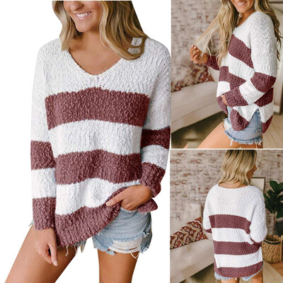 

Tailored Fashion Women Casual Long Sleeve Stripe Colour Stitching V Neck Loose Plush Tops