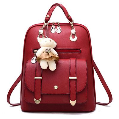 

Lovely Girls Leather School Backpack Women Shoulder Bag Travel Satchel Handbag Back To School Gift Random Style Bear Pendant