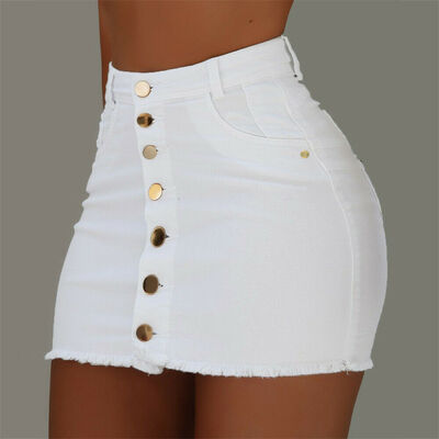 

Womens Button Denim High Waist Bodycon Slim Flit Pencil Short Mini Hip Skirt
