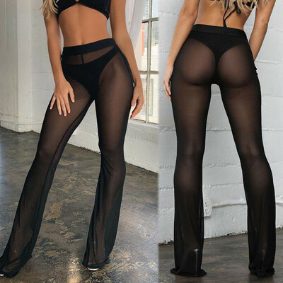 

Women Full Length Wide Leg Trousers Lady Evening Party Mesh Sheer Pants 6-16