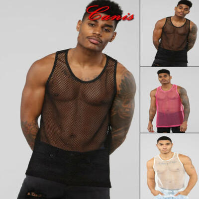 

Mens Sexy Mesh See-Through Shirts Sleeveless Nightclub Sheer Top Vest Costume UK