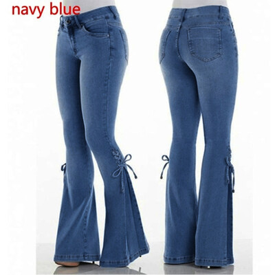 

〖Follure〗Women Summer Elastic Plus Loose Denim Bow Casual Boot Cut Pant Jeans