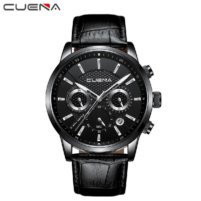 

CUENA Men Multi-Functional Sports Quartz Watch Leather Band Luminous Hands Calendar Wristwatch