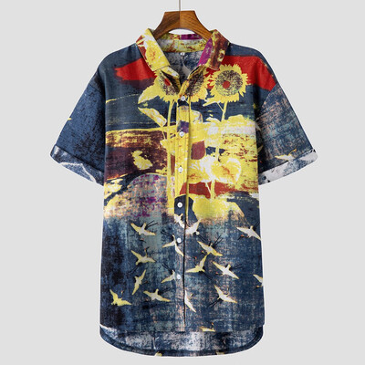 

Tailored Mens Ethnic Printed Stand Collar Colorful Stripe Short Sleeve Loose Shirt