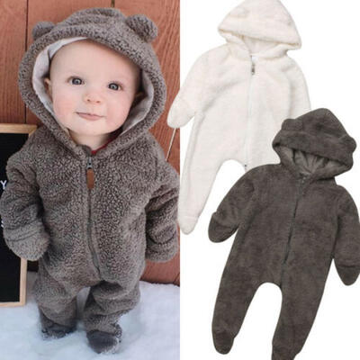 

US Newborn Baby Girls Boys Fuzzy Hooded Romper Jumpsuit Winter Outfits Clothes