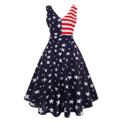 

Designer Lady Fashionable Vintage Stripe Flag Printing V-neck Ball Gown Sleeveless Dress for Women