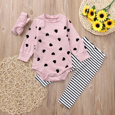 

Newborn Baby Girls Heart Print Long Sleeves RomperPantsHeadband Outfits Sets