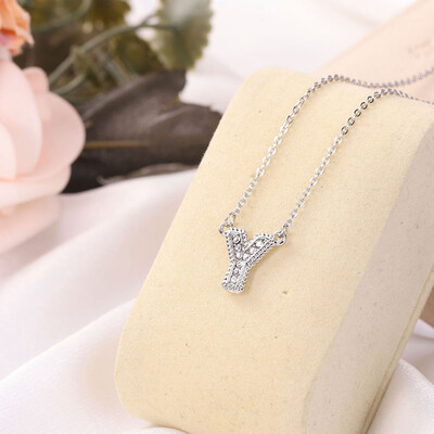 

Fashion Women 26 Double Sided English Alphabet Diamond Silver Color Necklace
