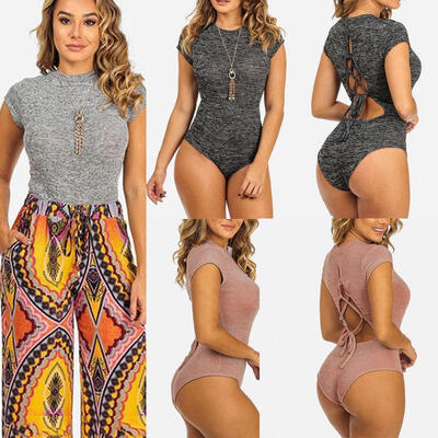 

Womens Short Sleeve Bodysuit Jumper Bodycon Playsuit Jumpsuit Casual Shirt Tops