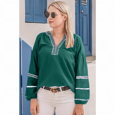 

Black blouse Womens embroidered V-neck long sleeve loose shirt