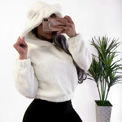 

Women Crop Hoodies Hooded Sweatshirt Fleeces Cute Ears Loose Warm Autumn Winter Pullovers Casual Tops Outwear