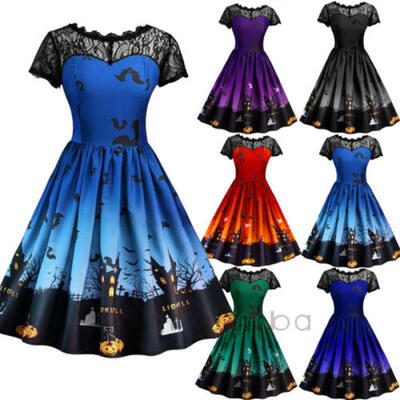 

Halloween Lace Vintage Swing Dress Women Retro Casual Pumpkin Print V Back Dress