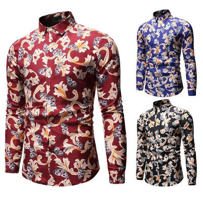 

Mens Shirt Fashionable Casual Slim-fit Floral Printed Long Sleeve Shirts