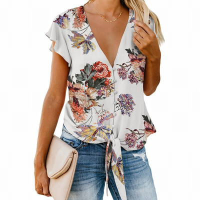 

Printed shirt Womens V-neck short-sleeved button knotted vest top