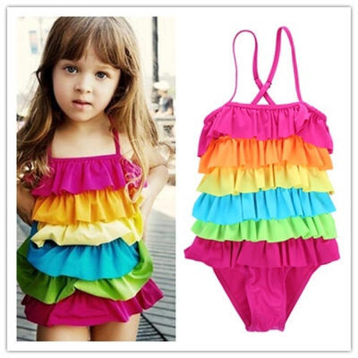 

Kids Girls Swimwear Bikini Rainbow Layered Swimsuit Swimdress Beachwear