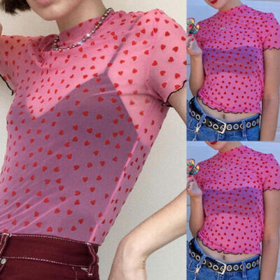

Fashion Women Girls Sheer Mesh Fish Net Short Sleeve Crop Top T-Shirt Blouse NEW