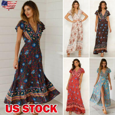 

Women Summer Boho Long Maxi Dress Evening Party Beach Floral Causal Sundress US