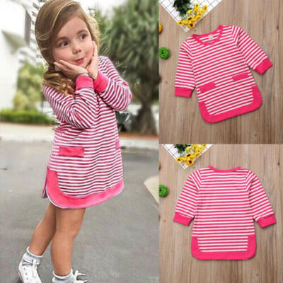 

Xmas Baby Girl Princess Dress Kids Party Stripe Tops Long Sleeve Shirt Dresses