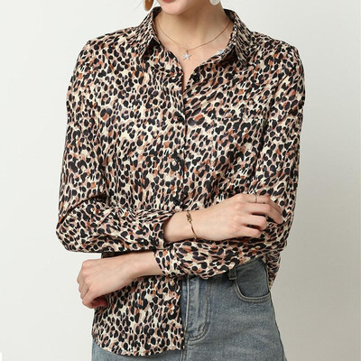 

Fashion Women Autumn Leopard Print Chiffon Shirt Turn-Down Collar Long Sleeve Buttons Pocket Casual Blouse Top