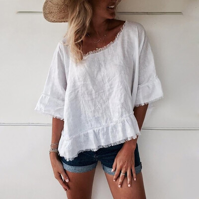 

Starmoon Women Pure Color Summer Casual Round Neck Short Sleeve Loose Blouses