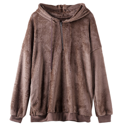 

Hooded Long Sleeve Fleece Loose Zipper Pocket Solid Color Women Hoodie
