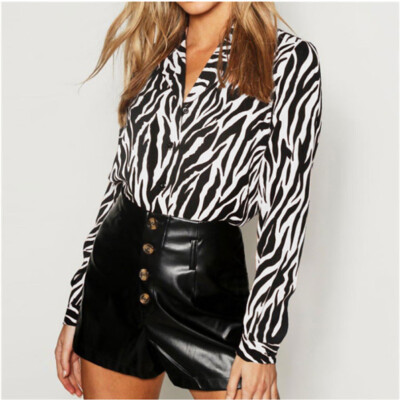 

New Women Shirt Zebra Print Long Sleeve Tops Ladies Loose Chiffon Blouse 6-14