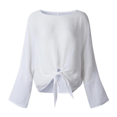 

Women Casual Loose Crop Tops Long Sleeve Fashion Lace-up Hem Simple T-shirt