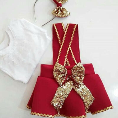 

Christmas Infant Baby Girl Ruffle Lace RomperBowknot Bib Dress 3PCS Clothes Set