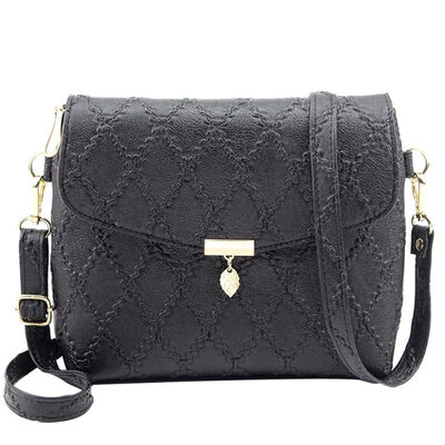 

Women Solid Color Rhombic Pattern Leaf Pendant Faux Leather Crossbody Sling Bag
